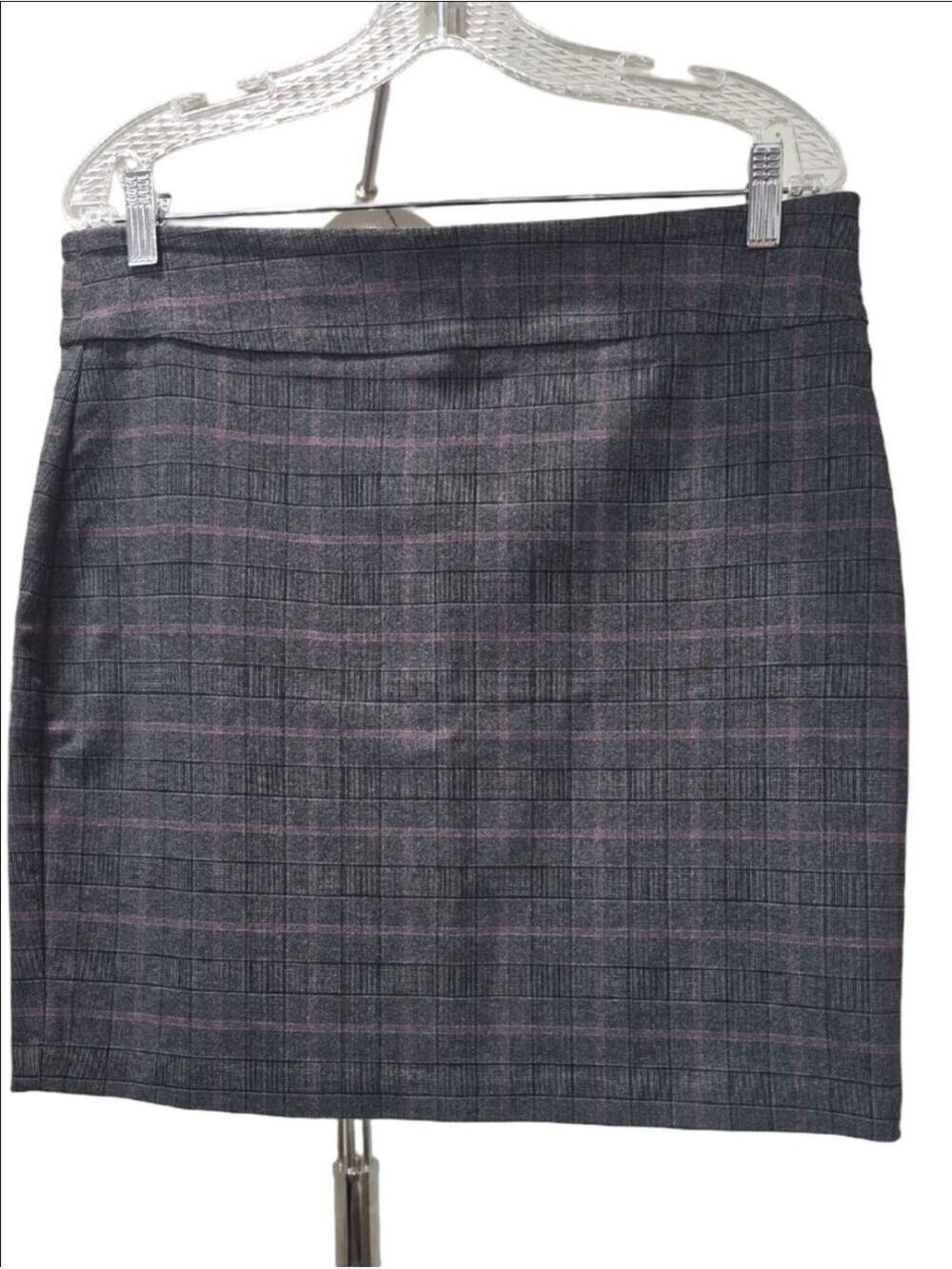 Gray Plaid Pencil Skirt with Pink/burgundy Windowpane Accents Comfort Waistband.